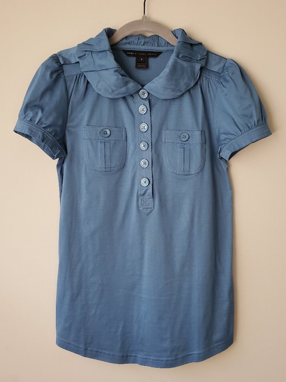 Marc by Marc Jacobs Slate Blue Cotton Puff Sleeve Top S
